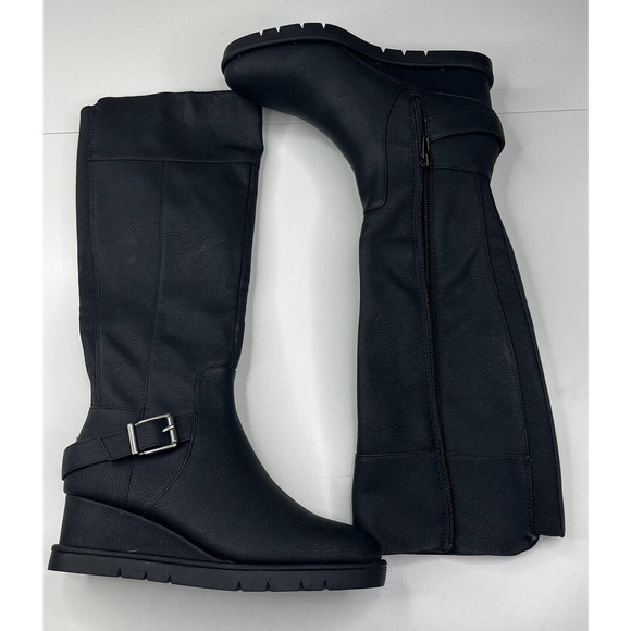 NEW Life Stride Shana Wedge High Heel Leather Boots Size 6M Women’s Black - Picture 1 of 4